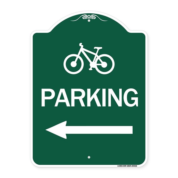 BicycleParking Left Arrow, Green & White Aluminum Architectural Sign, 18" x 24", GW-1824-24316